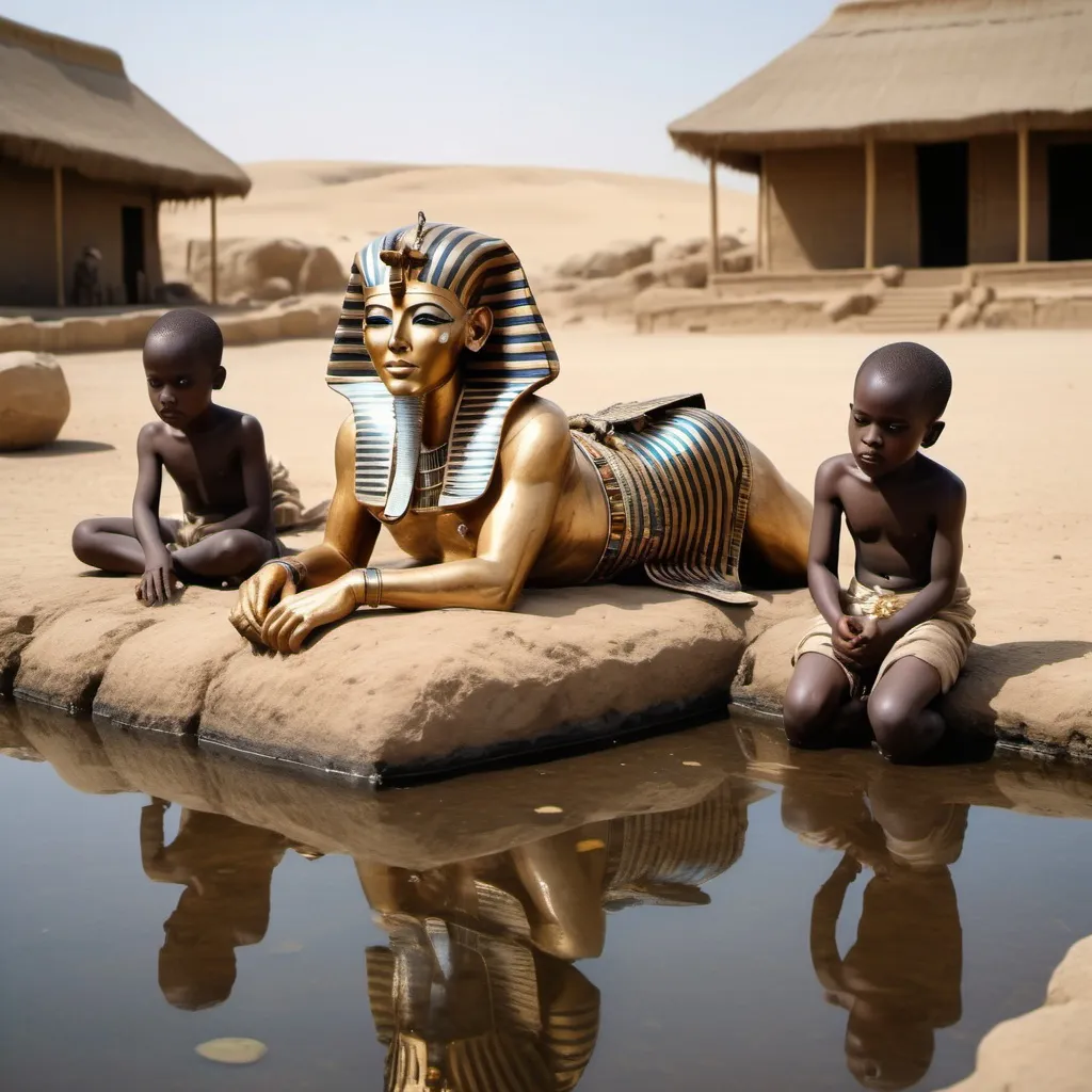 Prompt: The boy king Tutunkhamun lying on his stomach, drinking water from a pond, 2 bodyguards  at his rear side, super realism Zulu renditions