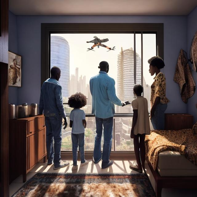 Prompt: A middle aged Zulu men with his grand children inside their house, in a future times, they are looking outside the large Windows of the 27 storey flat, watching flying  car's traffic through tall buildings, futuristic scenes super realism masterpieces, utopia year 2035