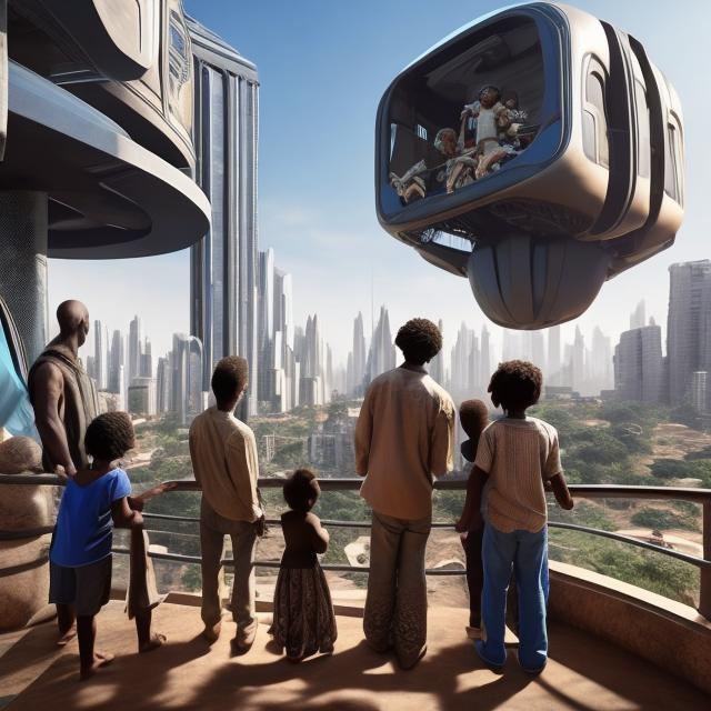 Prompt: A middle aged Zulu men with his grand children inside their house, in a future times, they are looking outside the large Windows of the 27 storey flat, watching flying  car's traffic through tall buildings, futuristic scenes super realism masterpieces, utopia year 2035