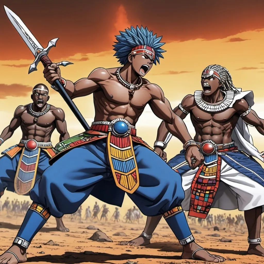 Prompt: Manga Anime battle scenes, Ndebele renditions