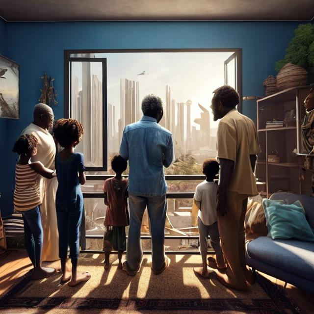 Prompt: A middle aged Zulu men with his grand children inside their house, in a future times, they are looking outside the large Windows of the 27 storey flat, watching flying  car's traffic through tall buildings, futuristic scenes super realism masterpieces, utopia year 2035