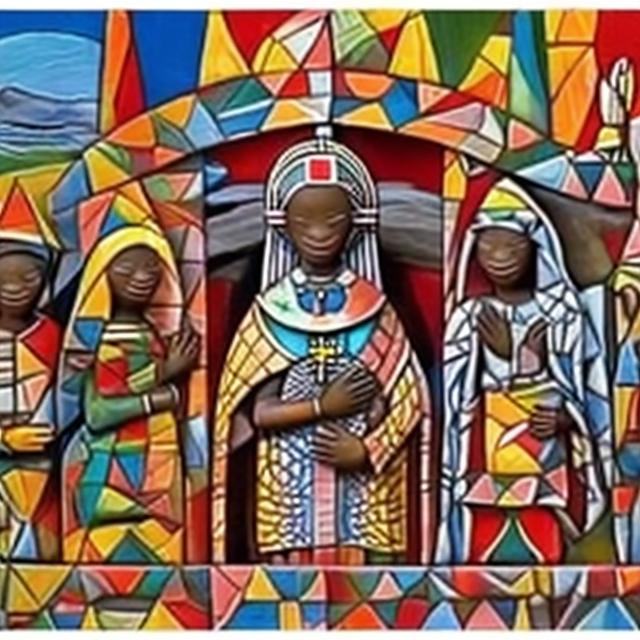 Prompt: Nativity masterpieces, Esther Mahlangu renditions super realism