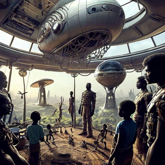 Prompt: A Zulu men with his children in different situation setting, inside an airship Zulu hut house, in a future times, with Zulu design ai and AGI robots, they are looking outside the large Windows of the 27 storey flat watching flying  car's traffic through tall buildings, futuristic earth civilization  scenes super realism masterpieces, utopia year 2035