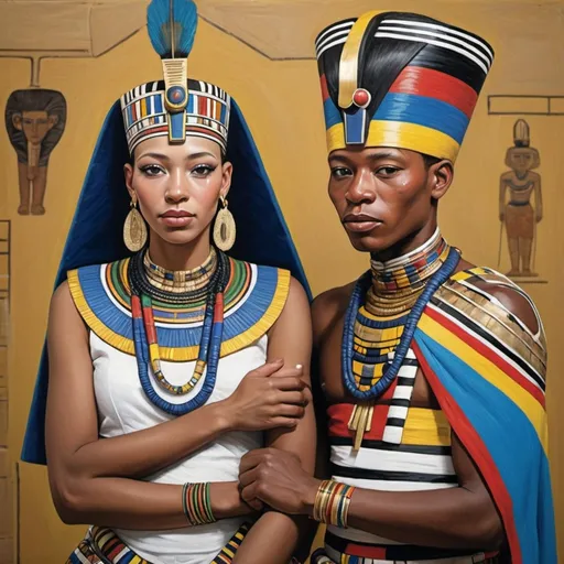 Prompt: The wedding celebration of the boy king Tutunkhamun and the young queen Ankhsuamun, super realism Esther Mahlangu renditions