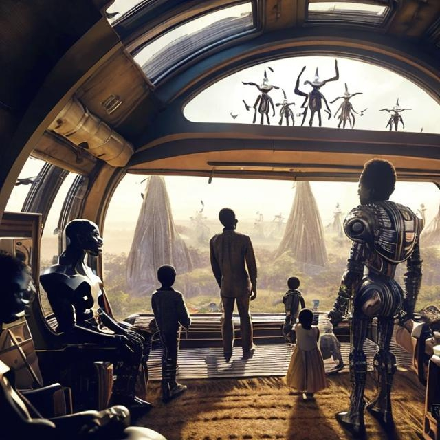 Prompt: A Zulu men with his children inside an airship Zulu hut house, in a future times, with Zulu design ai and AGI robots, they are looking outside the large Windows of the 27 storey flat watching flying  car's traffic through tall buildings, futuristic earth civilization  scenes super realism masterpieces, utopia year 2035