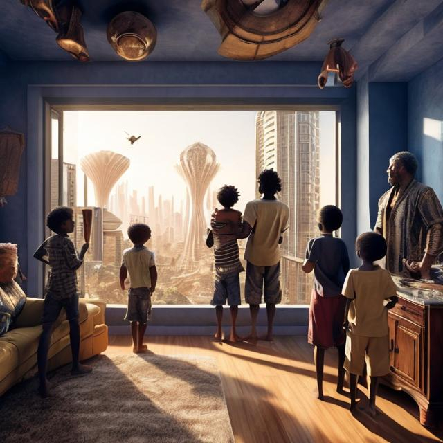 Prompt: A middle aged Zulu men with his grand children inside their house, in a future times, they are looking outside the large Windows of the 27 storey flat, watching flying  car's traffic through tall buildings, futuristic scenes super realism masterpieces, utopia year 2035