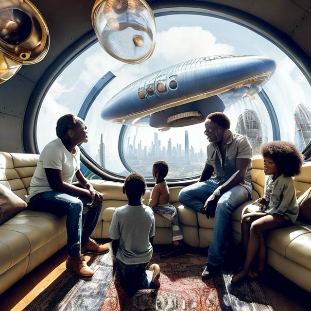 Prompt: A middle aged Zulu men with his grand children inside an airship  house, in a future times, they are looking outside the large Windows of the 27 storey flat, watching flying  car's traffic through tall buildings, futuristic scenes super realism masterpieces, utopia year 2035