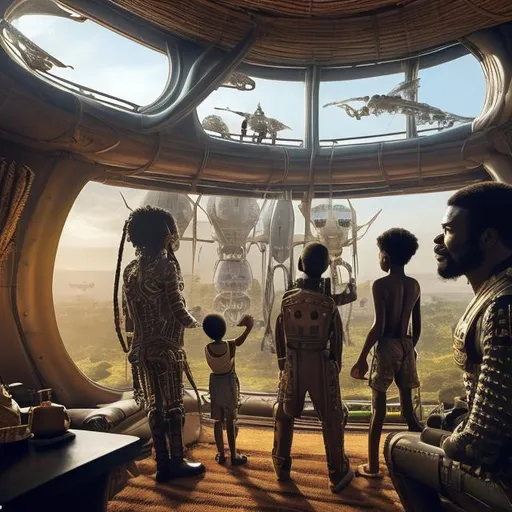 Prompt: A Zulu men with his children inside an airship Zulu hut house, in a future times, with Zulu design ai and AGI robots, they are looking outside the large Windows of the 27 storey flat watching flying  car's traffic through tall buildings, futuristic earth scenes super realism masterpieces, utopia year 2035