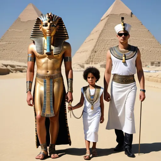 Prompt: The boy king Tutunkhamun and his queen Ankhsuamun at the pyramids and sphinx, escorted by officials, super realism 
Esther  renditions