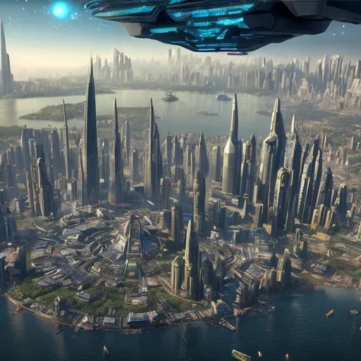 Prompt: Utopian metropolis teeming with flying cars, glistering sky scrapers, the tallest and most beautiful building where metaphysical Emperor dwells,  CIRCA 2050 A.D - drone  Camera angles, super realism, Zulu renditions
