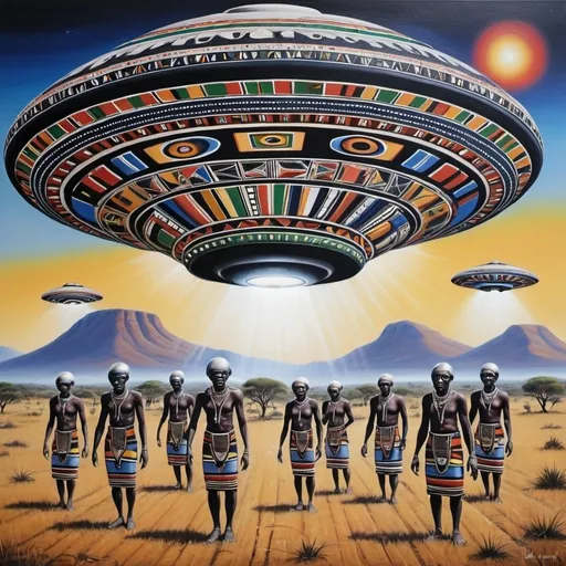 Prompt: Ufo invasion,Ndebele renditions, super realism, masterpieces