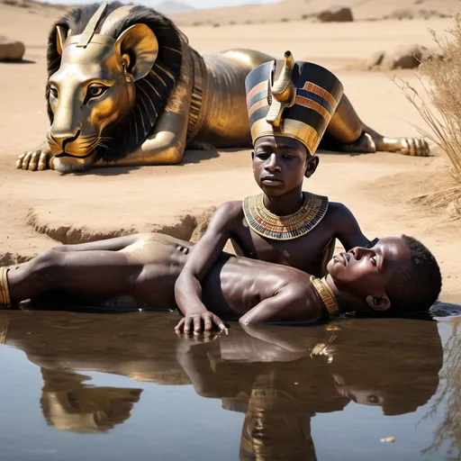 Prompt: The boy king Tutunkhamun lying on his stomach, drinking water from a pond, 2 armed bodyguards  at his rear side, super realism Zulu renditions