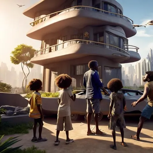 Prompt: A middle aged Zulu men with his grand children inside their house, in a future times, they are looking outside the large Windows of the 27 storey flat, watching flying  car's traffic through tall buildings, futuristic scenes super realism masterpieces, utopia year 2035