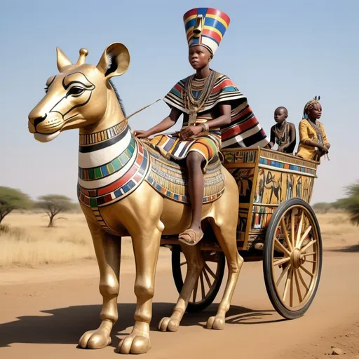 Prompt: The boy king Tutunkhamun on his golden chariot with his great dame, hunting lions, giraffes and wild animals along the Nile river, super realism, Esther Mahlangu renditions