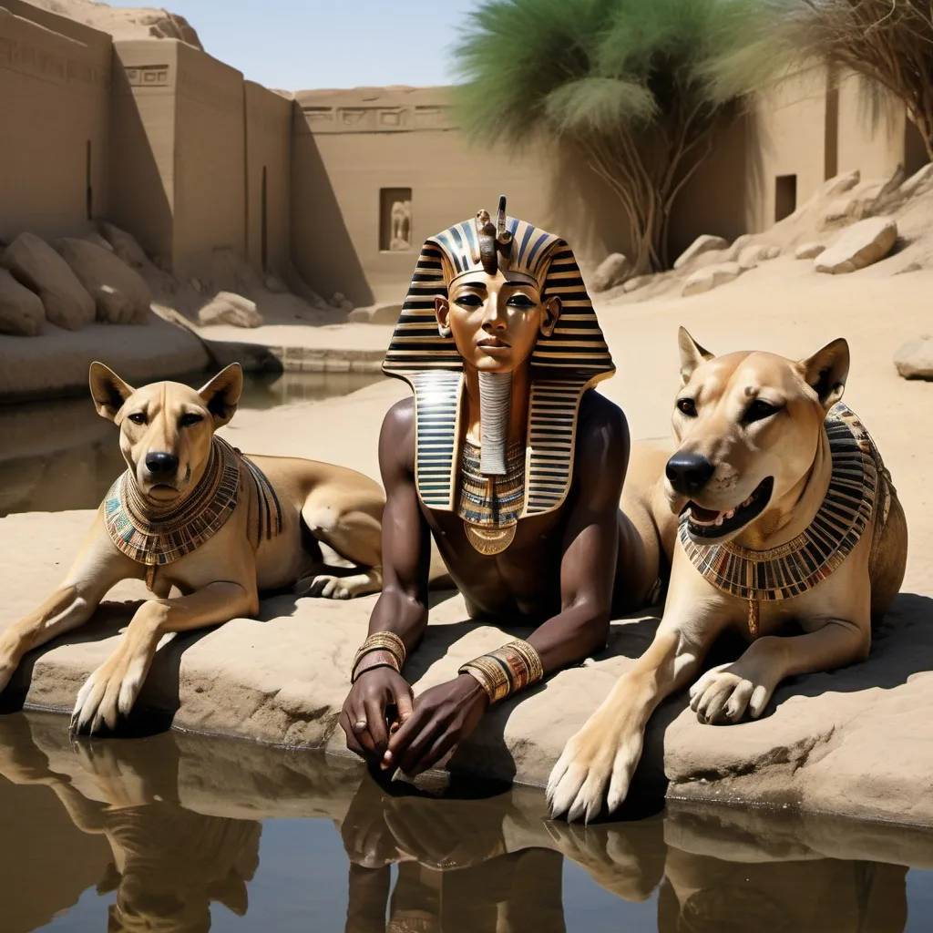 Prompt: The boy king Tutunkhamun lying on his stomach, drinking water from a pond, 2 armed bodyguards  at his rear side with his royal hound great dame,
 super realism Zulu renditions