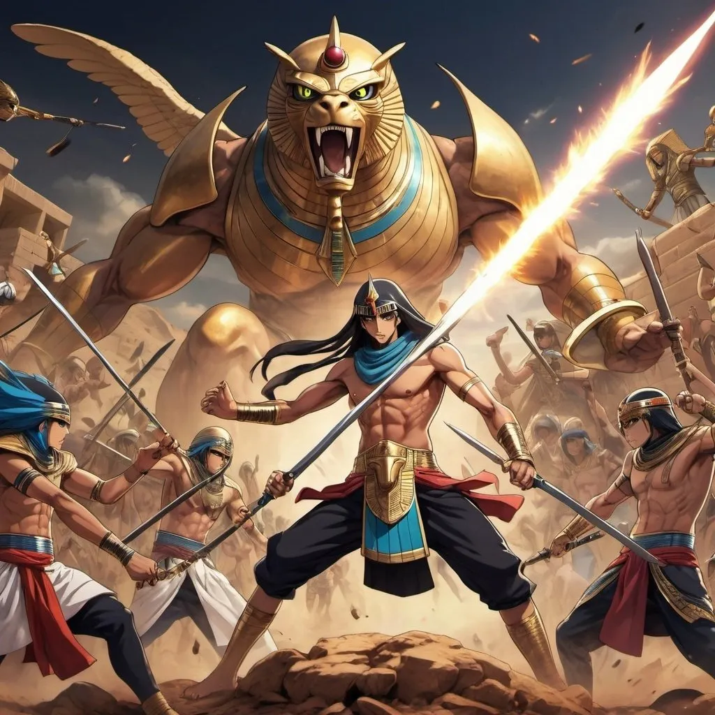 Prompt: Anime  characters in an epic battle scenes fighting enemies, Egyptian renditions