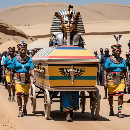 Prompt: The funeral procession with the sarcophagus of king Tutunkhamun, super realism Esther Mahlangu renditions