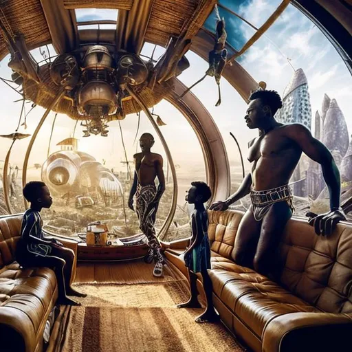 Prompt: A Zulu men with his children inside an airship Zulu hut house, in a future times, with Zulu design ai robots they are looking outside the large Windows of the 27 storey flat watching flying  car's traffic through tall buildings, futuristic earth scenes super realism masterpieces, utopia year 2035