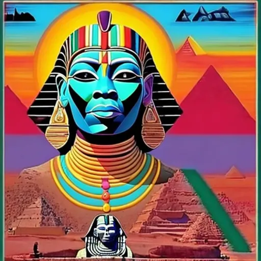 Prompt: International black history month 2024 Iconic posters with the sphinx and pyramids, Esther Mahlangu renditions, super realism masterpieces
