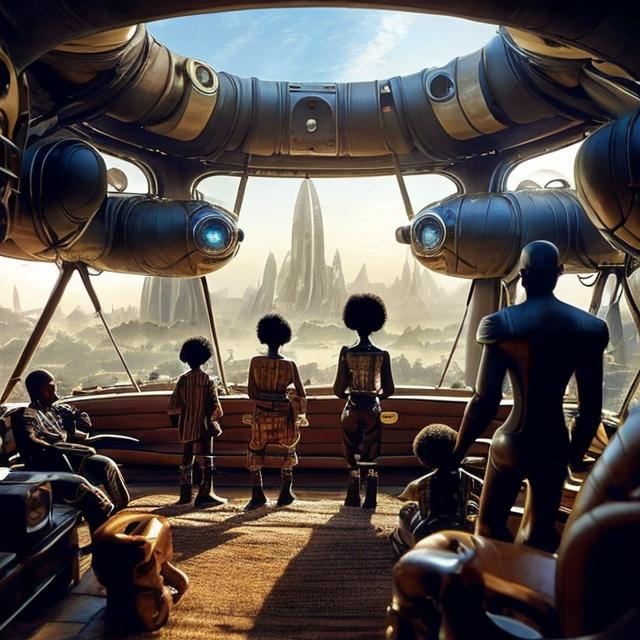 Prompt: A Zulu men with his children inside an airship Zulu hut house, in a future times, with Zulu design ai and AGI robots, they are looking outside the large Windows of the 27 storey flat watching flying  car's traffic through tall buildings, futuristic earth civilization  scenes super realism masterpieces, utopia year 2035