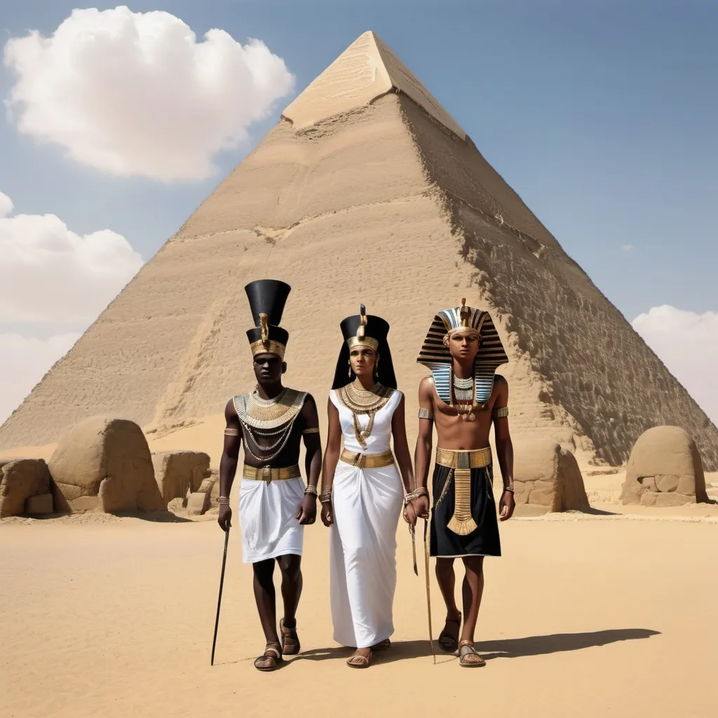 Prompt: The boy king Tutunkhamun and his queen Ankhsuamun at the pyramids and sphinx, escorted by officials, super realism 
Zulu  renditions