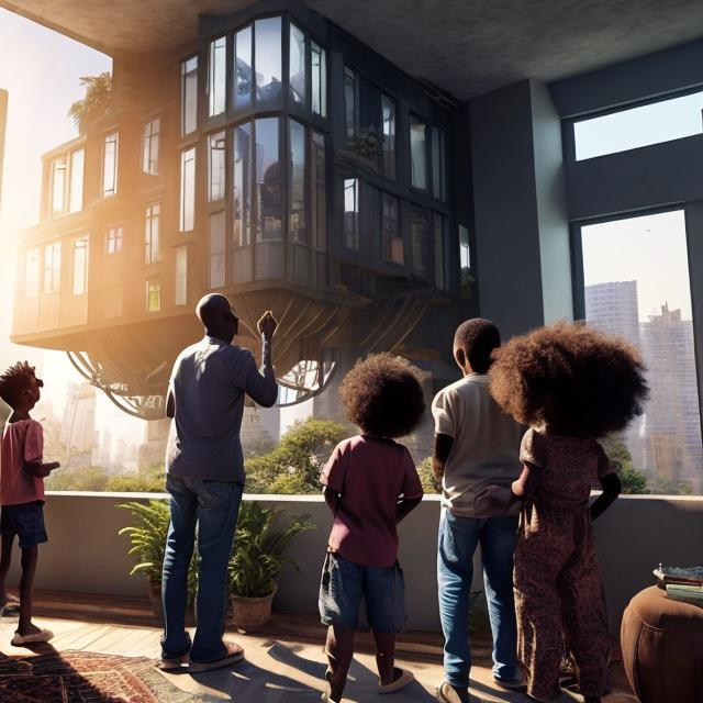 Prompt: A middle aged Zulu men with his grand children inside their house, in a future times, they are looking outside the large Windows of the 27 storey flat, watching flying  car's traffic through tall buildings, futuristic scenes super realism masterpieces, utopia year 2035