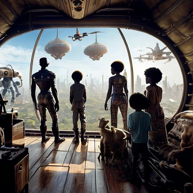 Prompt: A Zulu men with his children inside an airship Zulu hut house, in a future times, with Zulu design ai and AGI robots, they are looking outside the large Windows of the 27 storey flat watching flying  car's traffic through tall buildings, futuristic earth scenes super realism masterpieces, utopia year 2035