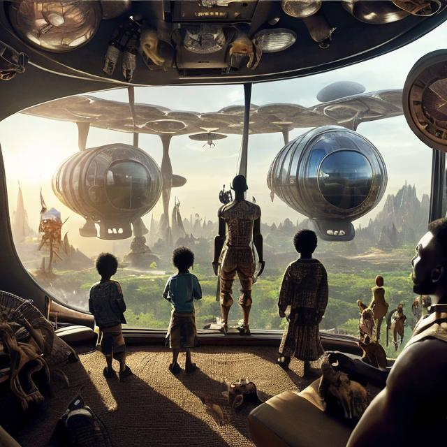 Prompt: A Zulu men with his children in different situation setting, inside an airship Zulu hut house, in a future times, with Zulu design ai and AGI robots, they are looking outside the large Windows of the 27 storey flat watching flying  car's traffic through tall buildings, futuristic earth civilization  scenes super realism masterpieces, utopia year 2035