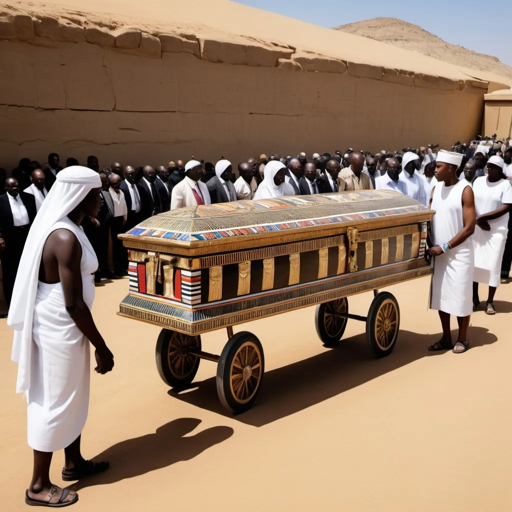 Prompt: The funeral procession with the sarcophagus of king Tutunkhamun, super realism Ndebele renditions