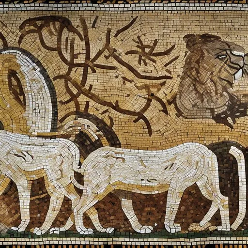 Prompt: Hunter, details of the lion Hunt Mosaic, Pella, C. 300 B.C. Pebble Mosaic Zulu rendition super realism