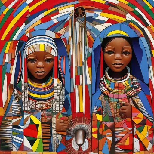 Prompt: Nativity masterpieces, Esther Mahlangu renditions super realism