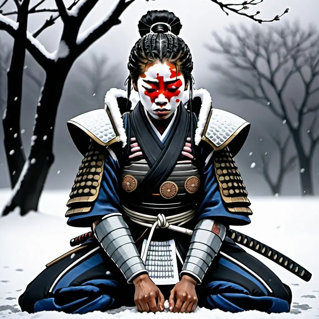 Prompt: Crying black female samurai  kneeling in snow