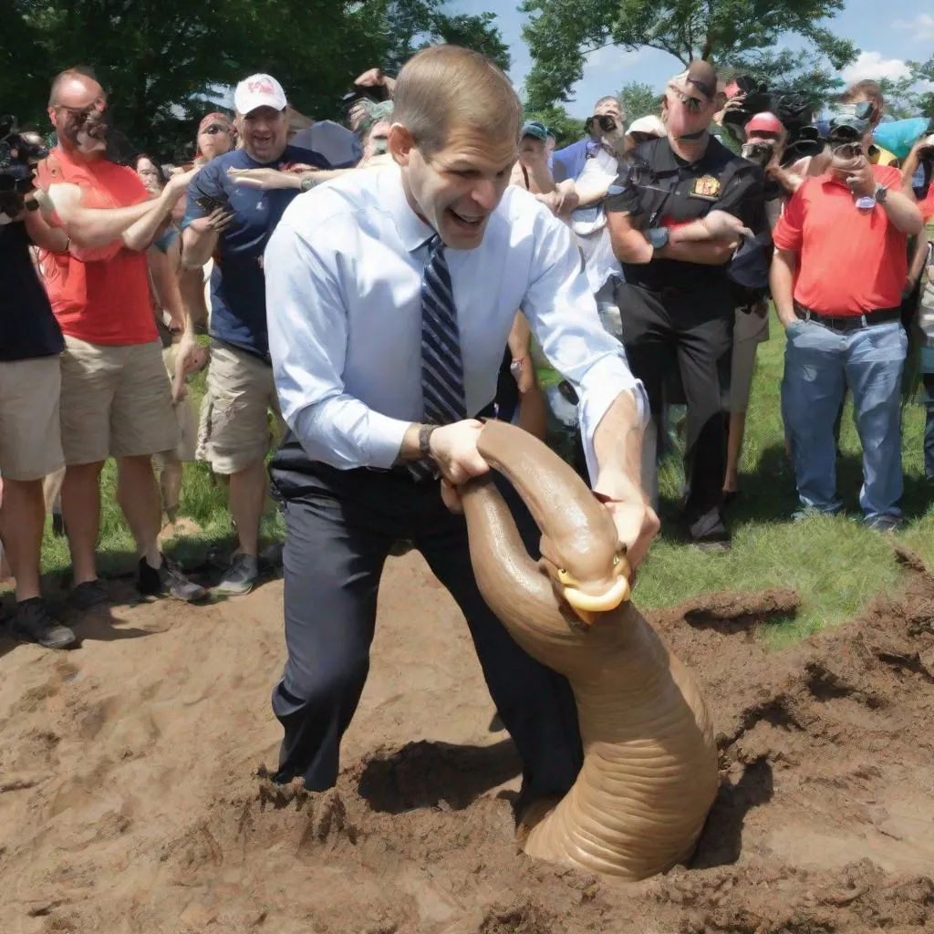 Prompt: Rep. Jim Jordan (R - OH) in a tug-o-war with a hideous giant slug.  The slug is winning.