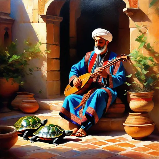 Prompt: Turkish musician in traditional dress, fez, pointy slippers, wooden flute, little turtles eating fresh leaves, old palace setting, stone, tile, bronze lamps, afternoon light, amateur acrylic painting, impressionism, traditional, detailed clothing, vibrant colors, detailed turtles, detailed flute, soft brushstrokes, classic setting, cultural scene, peaceful atmosphere, afternoon lighting