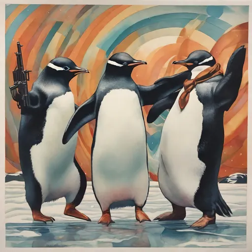Prompt: a penguin couple with AK-47 rifles dancing the tango in front of an impassive walrus