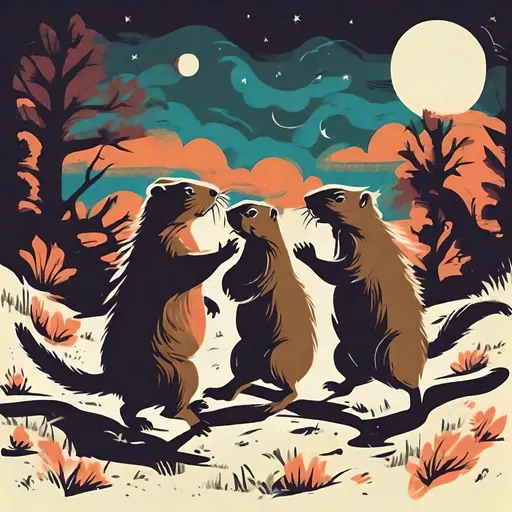 Prompt: Groundhogs dancing wildly in the moonlight, 1950's album cover, Jim Flora style illustration, simple color palette, abstract, flat, moonlit night, retro, vibrant, quirky, cool tones, vintage, detailed illustration, highres, professional