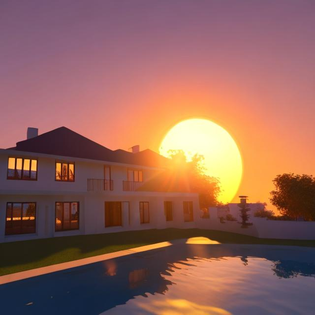 Prompt: Dream core house sunny 
smallresolution sunset