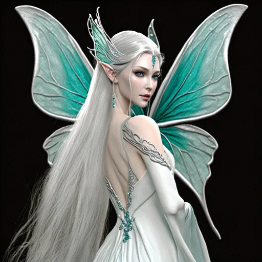 Prompt: A lovely elven maiden with pale skin and long silver hair that goes down her back. Wearing a white and silver flowing dress. She exudes magical energy. She has a teal butterfly familiar. 