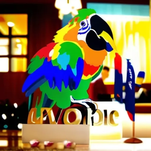 Prompt: A parrot with colors as the one 
attached in the composition image sitting on a hotel reception desk, interacting with a happy hotelier holding a glowing, detailed proposal.