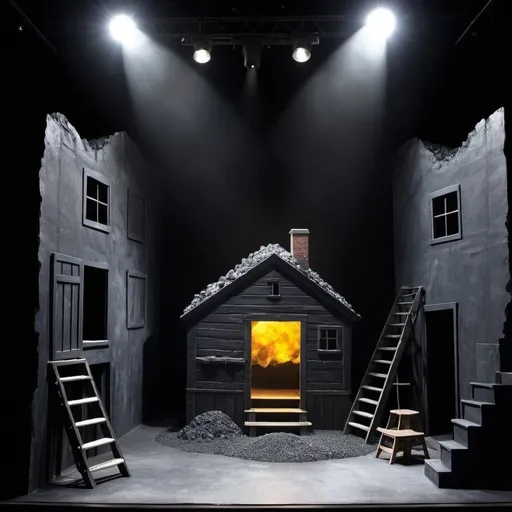 Prompt: Can you make a stage design  for a play about the coal mining industry. ADD a pepper ghost effect in it and Nice Theatre kit.