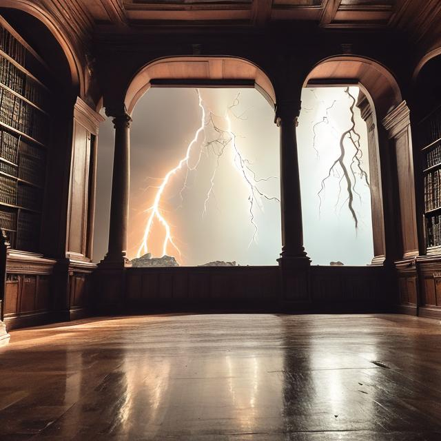 Prompt: Inside an old large library with a window and a crack of lightning in the background
