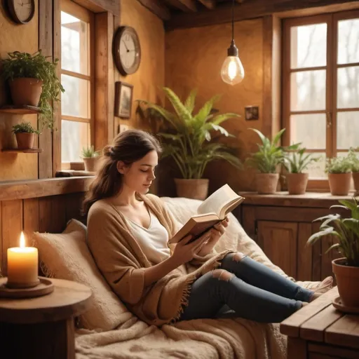 Prompt: A woman reading a book, warm ambiance, golden hues, soft natural lighting, cozy atmosphere, serene and peaceful mood, comfortable setting, cushions and a blanket, rustic interior, wooden furniture, plants in the background, detailed surroundings, high-quality, ultra-detailed, 4K.