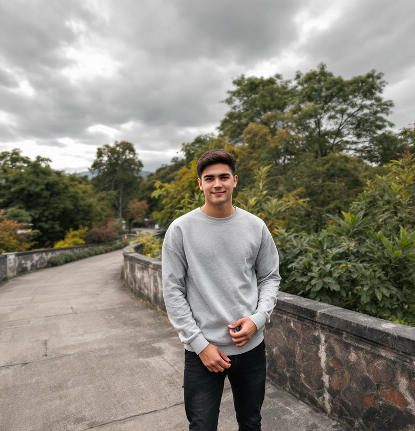 Prompt: A young man stands confidently on a concrete path beside a low stone railing, dressed casually in a light gray sweatshirt and black pants, complemented by flip-flops. His expression is neutral as he gazes towards the camera, hands tucked into his pockets, exuding a relaxed demeanor. The background features lush greenery under a cloudy sky, hinting at an overcast day, while hints of human activity are visible, like vehicles parked along the road. The scene, framed by the simple lines of the path and railing, conveys a sense of calmness and everyday life in a natural setting.