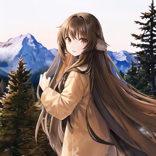 Prompt: girl with extremely long brown hair out in nature surrounded by mountains and fir trees