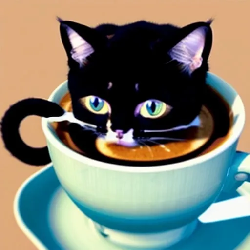 Prompt: Cat drinking coffee 
