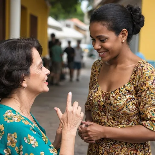 Prompt: Mulher coberta por um manto conversando com um 