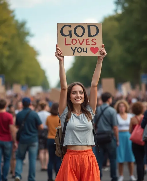 Prompt: crea una mujer con falda cristiana agarando un cartel que diga dios te ama en primer plano y atras una multitud de jente de la misma forma