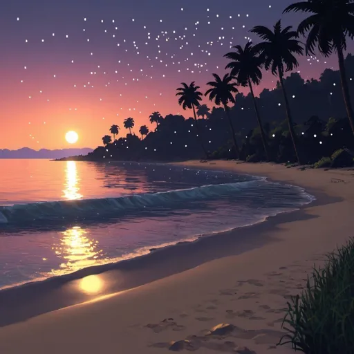 Prompt: give me pixel beach with fireflies at sunset