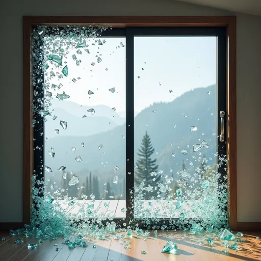 Prompt: a sliding glass door is in the process of shattering, tiny fragments of glass are falling though the air, and larger broken pieces are teetering out of place and a few are mid-fall