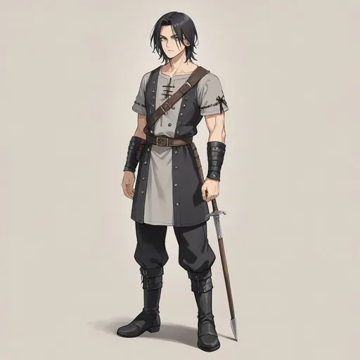 Prompt: a tall, man, warrior, slim muscular build, long black rocker style hair framing his face, gray eyes, short sleeve grey medieval tunic, and black trousers, full body view, empty background